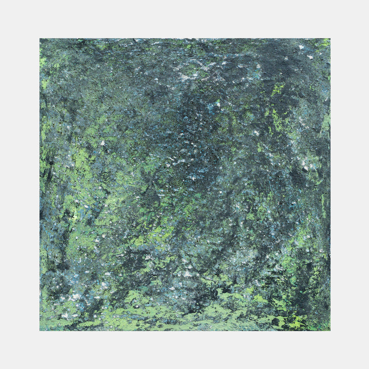 The artwork 'Pozzanghera' by Jacqueline Ferrante features an abstract composition with textural layers of deep teal and vibrant lime green. The surface appears weathered and organic, reminiscent of moss-covered stone or algae patterns, created through mixed media techniques of acrylic, mica, spray paint, and charcoal on birch panel.