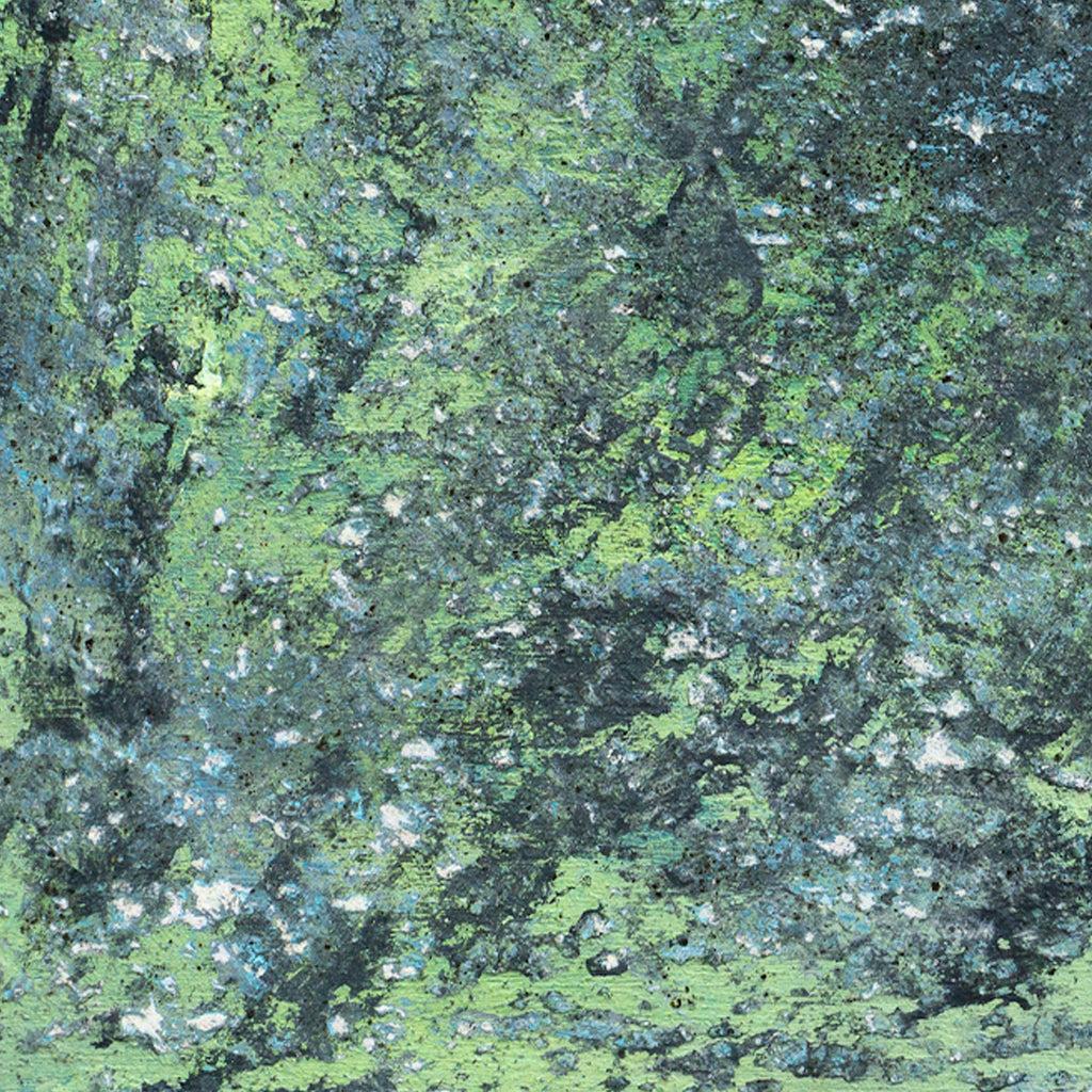 The artwork 'Pozzanghera' by Jacqueline Ferrante features an abstract composition with textural layers of deep teal and vibrant lime green. The surface appears weathered and organic, reminiscent of moss-covered stone or algae patterns, created through mixed media techniques of acrylic, mica, spray paint, and charcoal on birch panel.