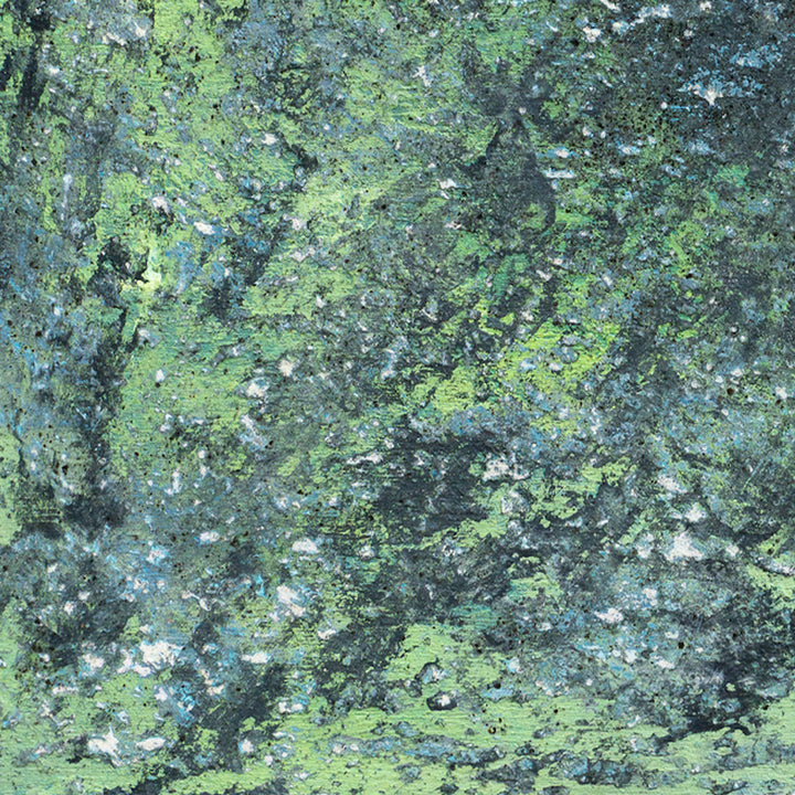 The artwork 'Pozzanghera' by Jacqueline Ferrante features a mesmerizing abstract composition in vibrant lime green and deep teal hues. The textured surface, created with acrylic, mica, and charcoal, resembles a mossy forest floor with scattered light effects. Metallic elements sparkle throughout the 10x10 inch birch panel, creating an organic, nature-inspired aesthetic.