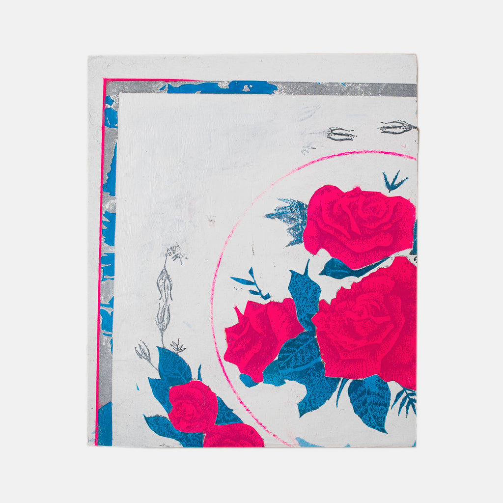 The artwork 'Prelude' by Troy Medinis features vibrant pink roses with teal-blue leaves against a white background, bordered by a partial circular arc in pink. The composition combines gesso transfer and spray paint techniques, creating a striking contrast between the bold floral elements and minimalist design, showcasing a contemporary mixed-media approach. By Troy Medinis.