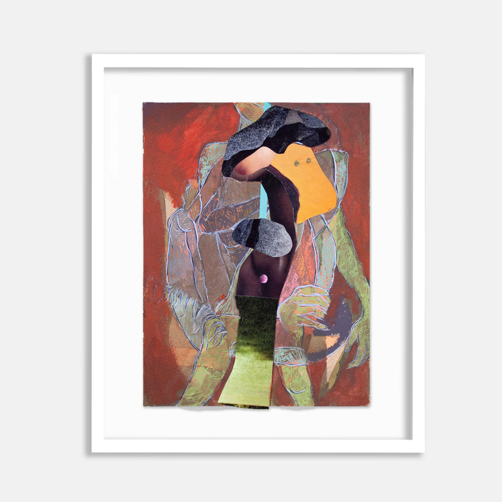 The artwork 'Presence' by Winnie Sidharta features an abstract collage composition with bold geometric shapes against a deep red background. Layered paper elements in purple, yellow, and sage green create dynamic movement. Watercolor textures blend with torn paper pieces, creating depth and mysterious silhouettes in a modernist style.