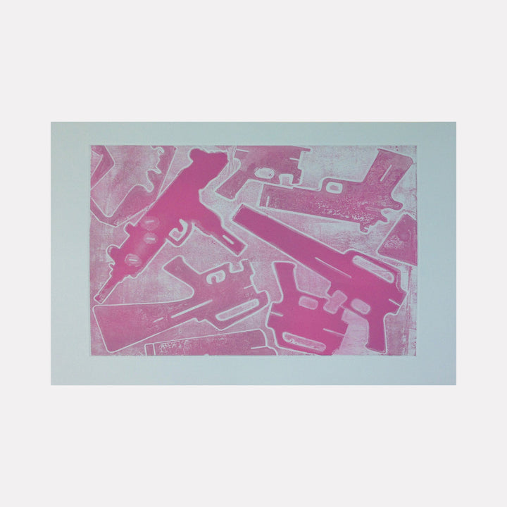 The artwork 'Pretty Pink' by Margaret Roleke features overlapping silhouettes of handguns in vibrant pink hues against a pale background, created through wetching and aquatint technique on magani blue paper. The abstract composition displays multiple firearms arranged in a dynamic, intersecting pattern, with gradient effects creating depth and texture. By Margaret Roleke.