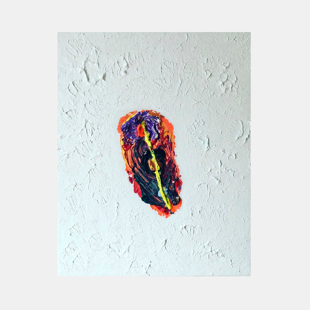 The artwork 'Primordial Worship' by Dom Hiddo features a vibrant abstract shape against a textured white background. The central form bursts with intense orange, purple, and yellow hues, resembling a flame or organic matter. The heavily textured background has a plaster-like finish, creating depth through its rough surface treatment. Acrylic on cotton.
