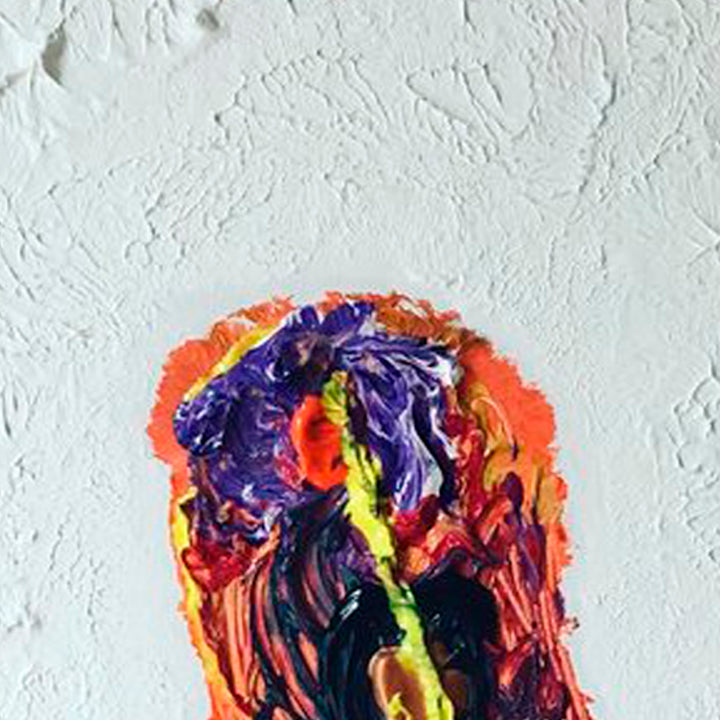 The artwork 'Primordial Worship' by Dom Hiddo features a dynamic abstract figure rendered in bold, impasto strokes. Vibrant purple, orange, and yellow hues swirl together creating a dramatic contrast against a textured white background. The thick application of acrylic paint creates a sculptural effect, with colors blending and flowing in an expressive, almost volcanic manner.