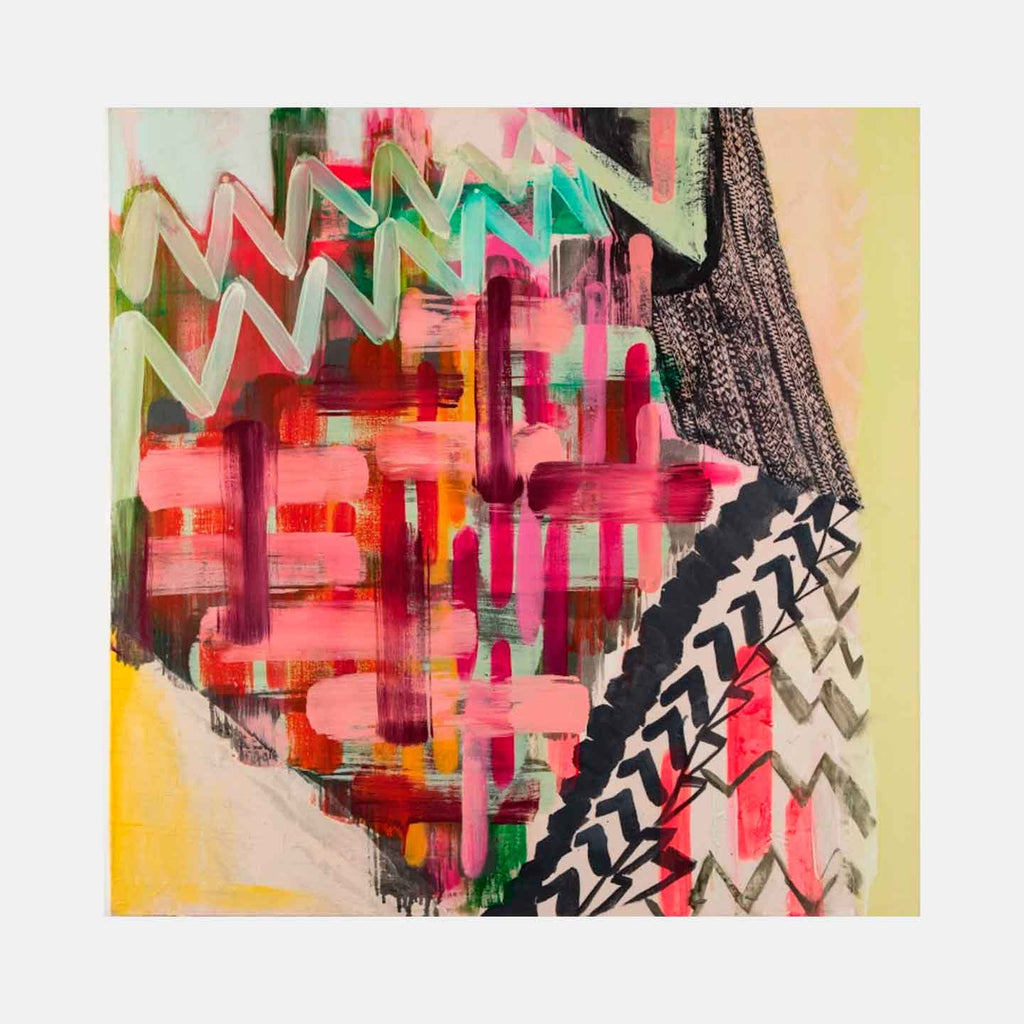 The artwork 'Prismatic' by Molly Herman features bold zigzag patterns in black and white, intersecting with vibrant pink and coral brushstrokes. Abstract geometric shapes blend with fluid, expressive strokes against a soft yellow background. The oil and silk on canvas piece combines structured chevron designs with loose, painterly elements in mint green and charcoal accents.