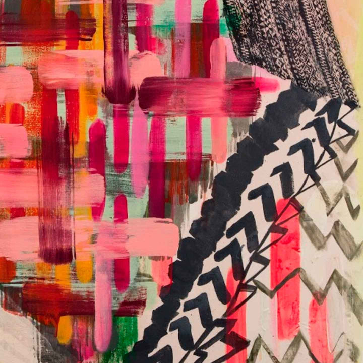 The artwork 'Prismatic' by Molly Herman features bold abstract brushstrokes in vibrant pink, red, and orange hues contrasting with dynamic black and white chevron patterns. The oil and silk on canvas composition combines gestural expressionist strokes with geometric elements, creating a striking interplay of organic and structured forms across the 48x48 inch surface by Molly Herman.