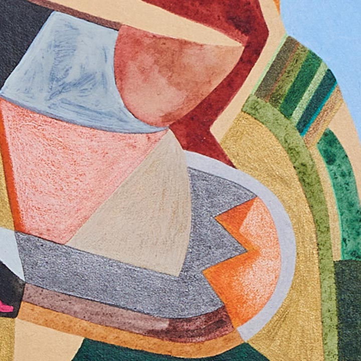 The artwork 'Protector' by Sasha Hallock features an abstract geometric composition with curved and angular shapes in vibrant colors. The piece combines warm salmon pink, deep burgundy, soft blue, golden yellow, and emerald green segments arranged in a dynamic, curved pattern. Mixed media on paper mounted on wood creates varied textures and depth throughout the 8x6 inch artwork. By Sasha Hallock.
