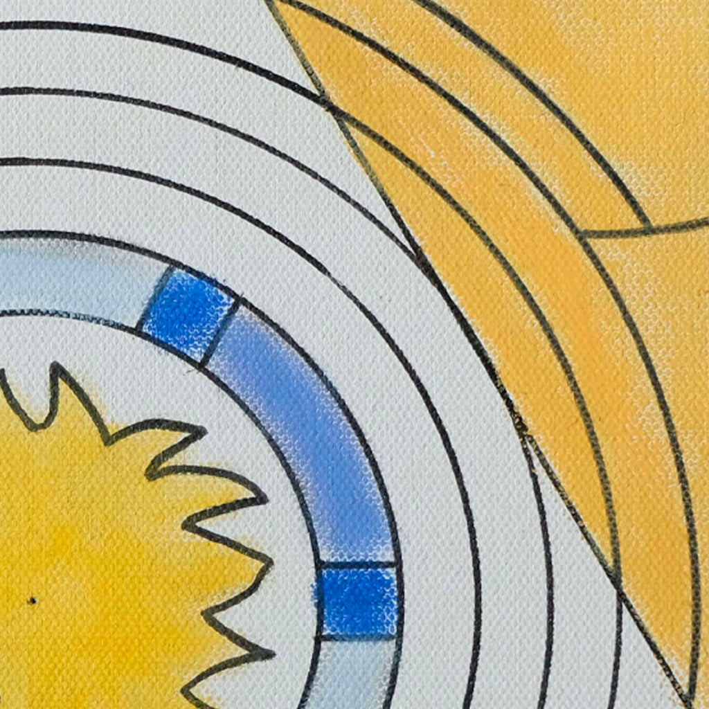 The artwork 'Provence' by Gauthier Denoyelle features abstract geometric patterns with concentric circular arcs in black lines against a vibrant yellow and blue color scheme. A jagged sun-like shape emerges from curved lines, while bold marker strokes and crayon textures create depth on stretched canvas, measuring 10x10 inches.