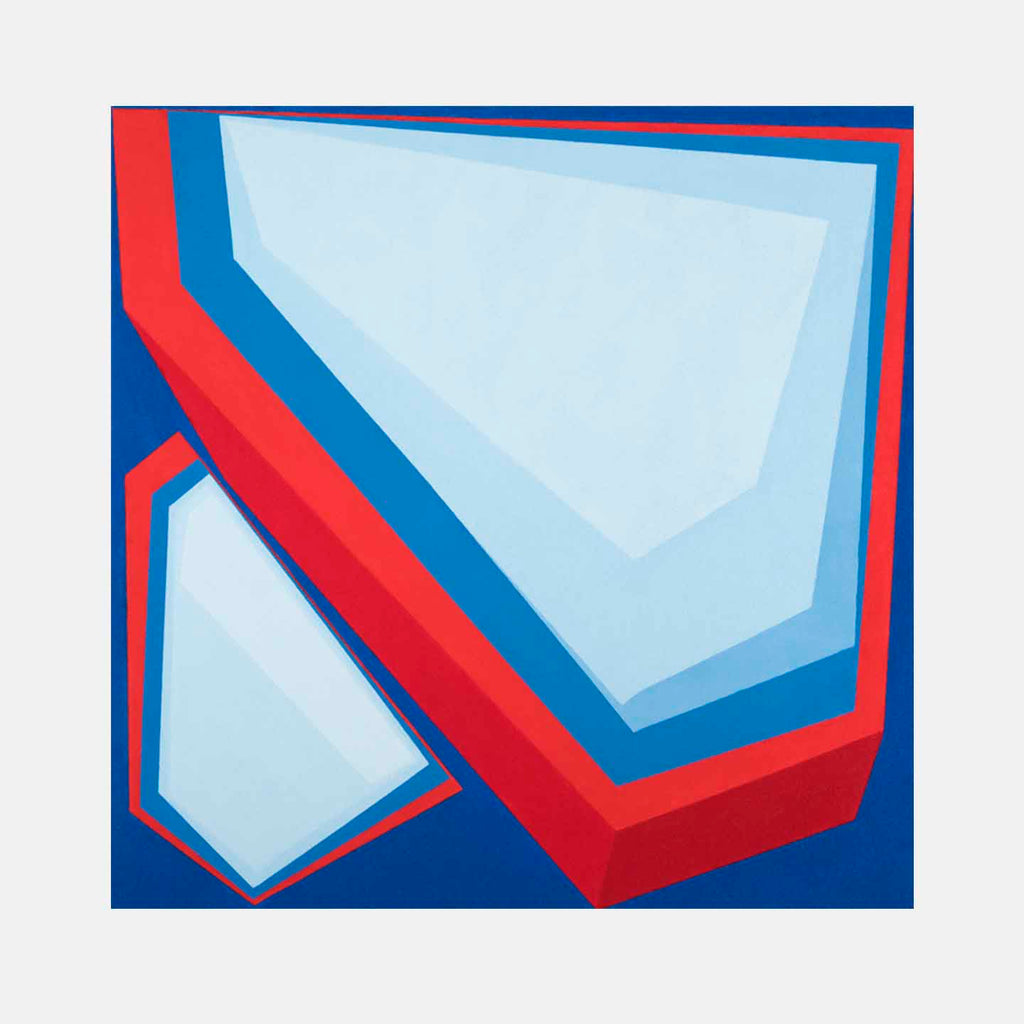 The artwork 'Proximate Comfort' by Kati Vilim features geometric abstract forms in bold red and blue, with angular shapes floating against a deep blue background. Light blue geometric fragments create a sense of depth and movement, showcasing minimalist composition and clean lines in oil on canvas. By Kati Vilim.