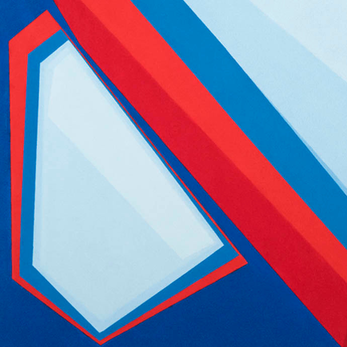 The artwork 'Proximate Comfort' by Kati Vilim features bold geometric abstract forms in vibrant red and blue against a light background. Angular shapes create a dynamic composition with clean lines and sharp edges, showcasing a minimalist approach to form and color that evokes technological and industrial themes. Oil on canvas on panel by Kati Vilim.