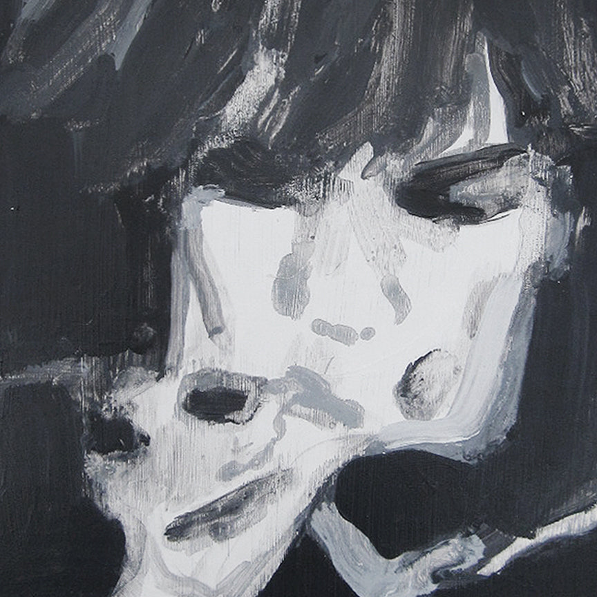 The artwork 'Public Image Ltd - Metal Box (Second Edition)' features an expressive black and white portrait rendered in bold brushstrokes. Dark contrasting shadows and bright highlights create a dramatic monochromatic composition on hardboard panel. The abstract expressionist style conveys intense emotion through gestural acrylic paint application. By Michelle Selwa.