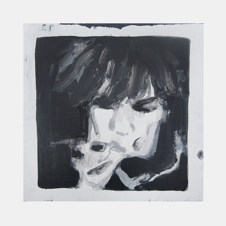 The artwork 'Public Image Ltd - Metal Box (Second Edition)' features a monochromatic portrait rendered in bold black and white acrylic strokes on hardboard. The composition shows a dramatic contrast between light and shadow, with expressive brushwork creating a moody, atmospheric effect. The stark painting style emphasizes texture and movement within a square format. By Michelle Selwa.