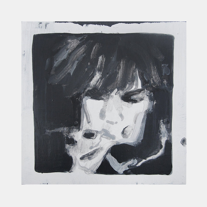 The artwork 'Public Image Ltd - Metal Box (Second Edition)' features a monochromatic portrait rendered in bold black and white acrylic strokes on hardboard. The composition shows a dramatic contrast between light and shadow, with expressive brushwork creating a moody, atmospheric effect. The stark painting style emphasizes texture and movement within a square format. By Michelle Selwa.