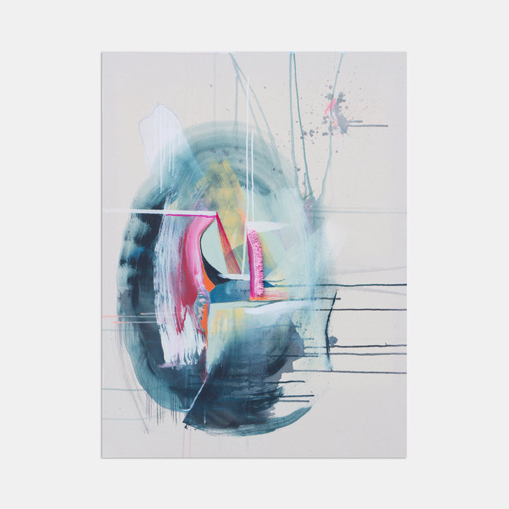 The artwork 'Pull' by Rebecca Stern features an abstract composition with a swirling turquoise background merging into deep navy tones. Dynamic brushstrokes in white and pink create movement across the canvas, while delicate black linear elements add structure. The piece combines fluid watercolor-like textures with bold gestural marks in a contemporary expressionist style, measuring 40 x 30 inches.