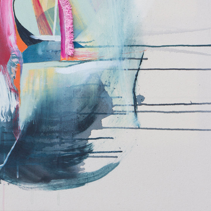The artwork 'Pull' by Rebecca Stern features abstract brushstrokes in vibrant pink, turquoise, and orange against a white background. Dynamic navy blue sweeps create depth while horizontal lines add structure. Mixed media technique combines watercolor fluidity with textural elements in a 40x30 inch contemporary composition.