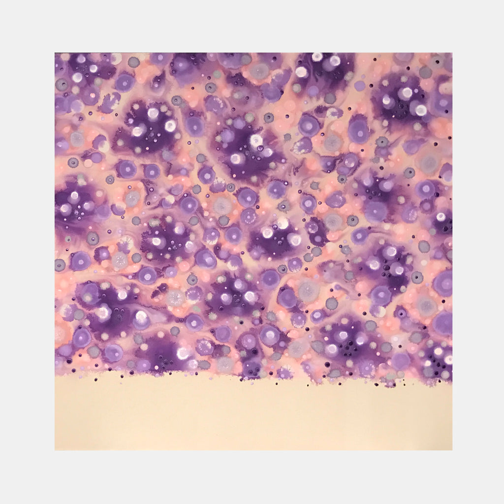 The artwork 'Purplicious' by Eric Jiaju Lee features abstract organic shapes in vibrant purple and peach tones, creating a dreamy cosmic effect. White circular dots scattered across the canvas suggest bubbles or celestial bodies, while flowing watercolor-like textures blend smoothly across the 46x46 inch acrylic painting. The composition evokes a microscopic or celestial landscape with its ethereal quality.