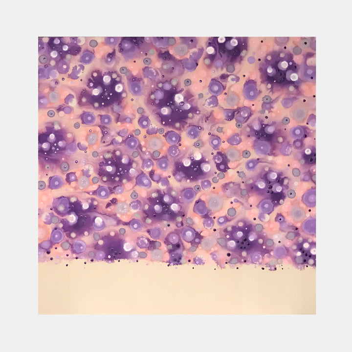 The artwork 'Purplicious' by Eric Jiaju Lee features abstract organic shapes in vibrant purple and peach tones, creating a dreamy cosmic effect. White circular dots scattered across the canvas suggest bubbles or celestial bodies, while flowing watercolor-like textures blend smoothly across the 46x46 inch acrylic painting. The composition evokes a microscopic or celestial landscape with its ethereal quality.