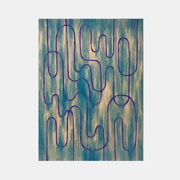 The artwork 'Quite a Turnaround' by Joe Piscopia features flowing purple curves against a textured teal and cream background, creating an abstract pattern reminiscent of winding paths. The gouache and watercolor technique creates a dreamy, vertical streaked effect with seamless color transitions on watercolor paper. by Joe Piscopia