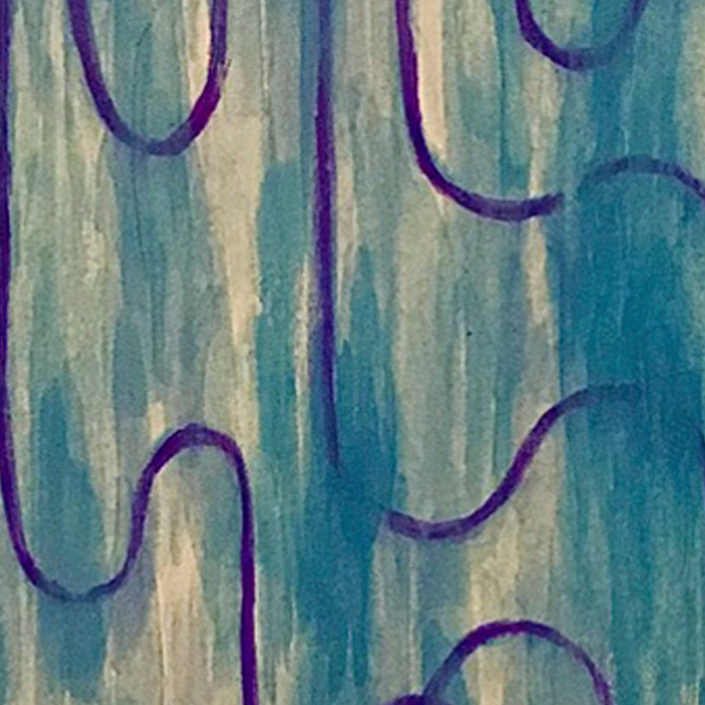 The artwork 'Quite a Turnaround' by Joe Piscopia features flowing purple curves against a textured turquoise and cream background, created with gouache and watercolor. The abstract composition shows sinuous lines dancing across the vertical canvas, creating a rhythmic pattern with a contemporary minimalist style.