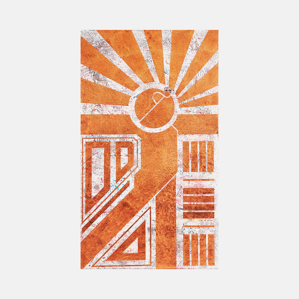 The artwork 'REGENERATION' by Yusuke Ochiai features a striking geometric composition in vibrant orange and white, depicting an abstract sunrise with radiating beams. Bold angular shapes and architectural elements create a modernist aesthetic, enhanced by textural copper leaf and acrylic on canvas. The design combines Art Deco influences with contemporary minimalism in a 28x48 inch format.