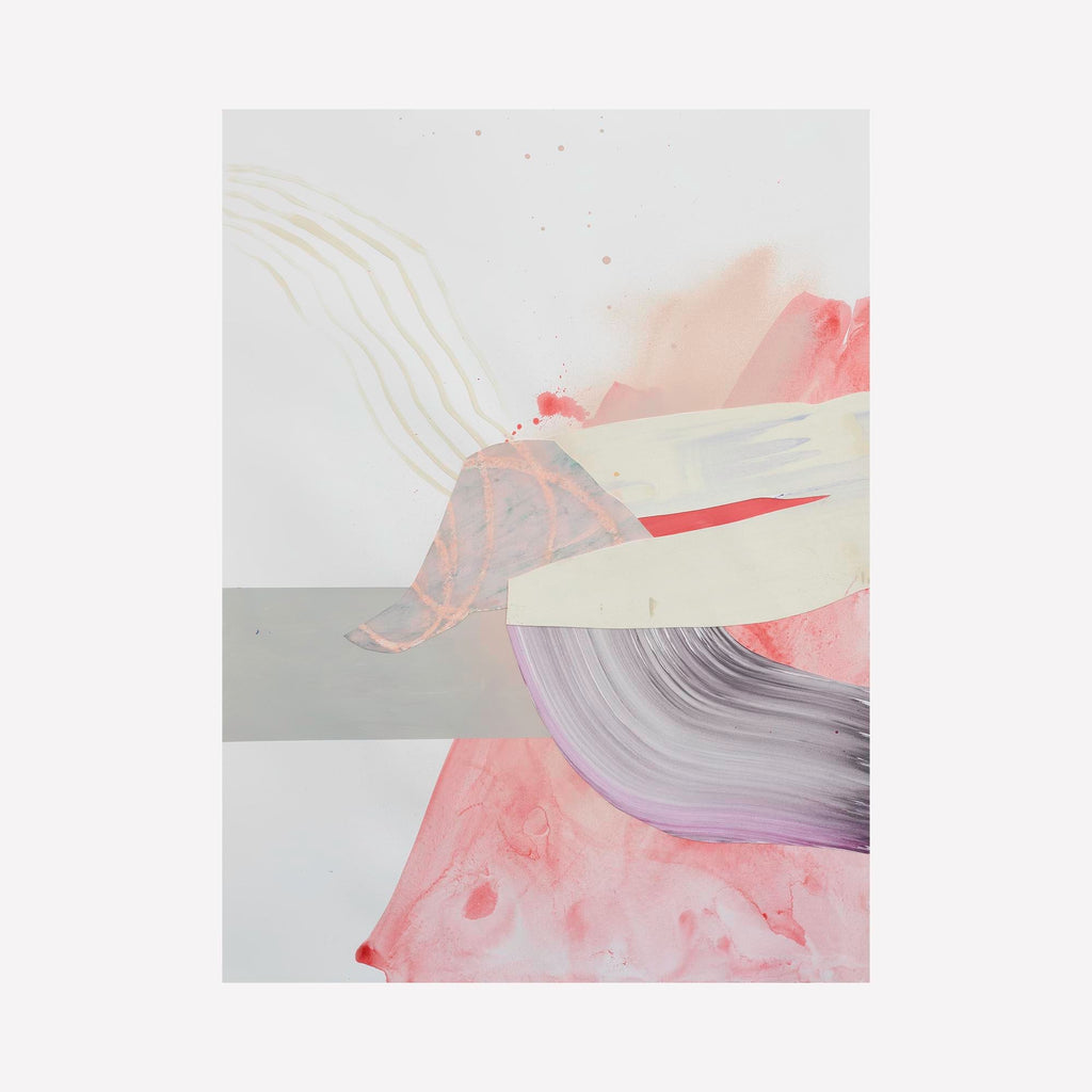The artwork 'Overflow Catch II' by Rebecca Stern features dynamic, flowing abstract forms in soft coral pink and lavender hues against a crisp white background. Delicate ink lines and layered acrylic elements create a sense of movement, with translucent collaged paper adding dimensional depth. The composition balances gentle curves with bold geometric stripes in pale gray.