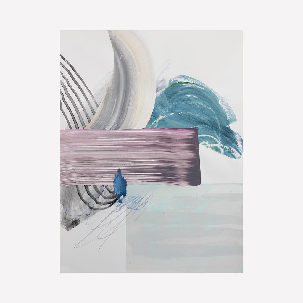 The artwork 'Overflow Catch I' by Rebecca Stern features dynamic brushstrokes in teal, mauve, and gray tones. Abstract composition shows a prominent horizontal mauve band intersecting with curved gray forms and a sweeping teal wave-like element. Mixed media piece combines fluid acrylic strokes with precise ink details on layered paper. By Rebecca Stern.