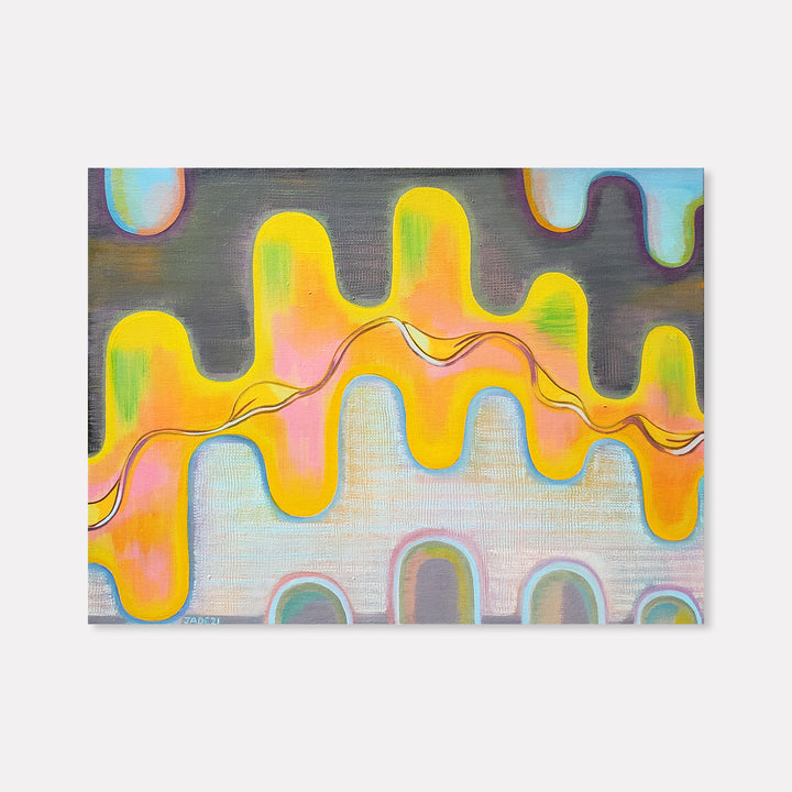 The artwork 'Radiance' by Jade Chan features undulating waves in vibrant yellow, orange, and pastel blue creating a mesmerizing abstract pattern. The oil painting displays fluid, melting forms against a grey background, with gentle green accents and curved lines that suggest movement and flow. The contemporary composition has a dream-like quality with its soft color transitions and wavy shapes.