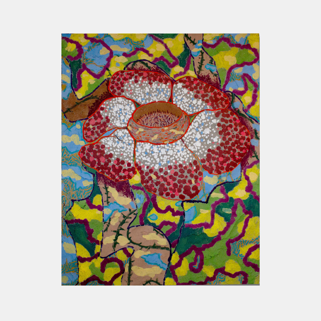 The artwork 'Rafflesia Arnoldii' by Winnie Sidharta depicts a vibrant botanical illustration featuring a large red and white spotted flower with a rustic brown center against a psychedelic background of yellow, blue, and green swirls. The detailed petals showcase intricate dotwork technique in acrylic and ink on poured paper mounted on burlap.