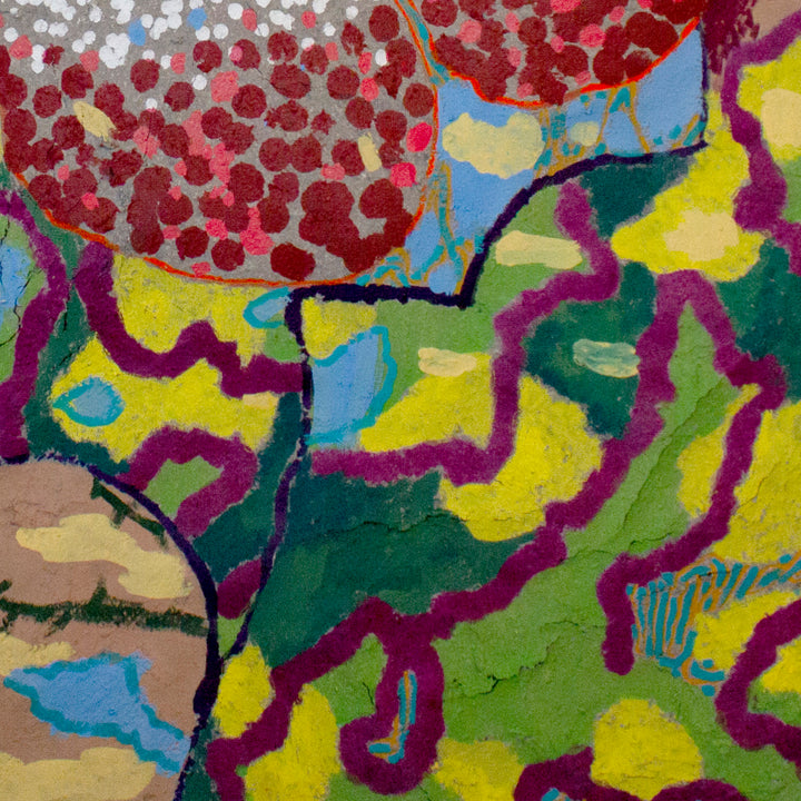 The artwork 'Rafflesia Arnoldii' by Winnie Sidharta features vibrant abstract patterns with deep crimson clusters resembling flower petals against swirling bands of yellow, green, and magenta. Bold blue accents and organic curves create dynamic movement across the acrylic and ink composition on poured paper mounted on burlap.