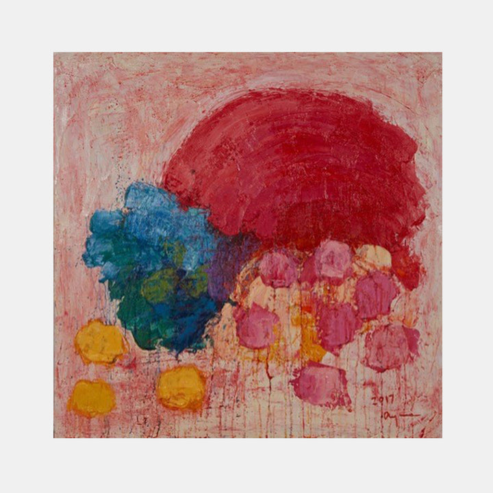 The artwork 'Rainbow Day' by Ayane Kurai features an abstract composition with a dominant red circular form against a pale pink background. Expressive brushstrokes create a vibrant spectrum of colors including deep blue, turquoise, yellow, and pink patches that appear to drip downward. The oil painting's textured surface and gestural application creates a dynamic, emotional energy within the 36x36 inch canvas.