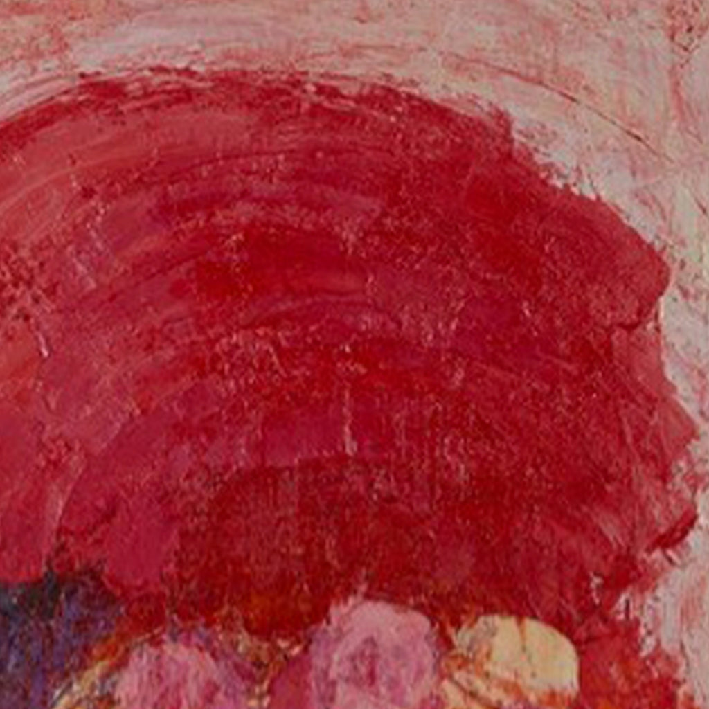 The artwork 'Rainbow Day' by Ayane Kurai features bold abstract brushstrokes in vibrant crimson and deep red hues, creating a dramatic circular sweep across the canvas. Subtle pink and purple undertones blend with textured oil paint, suggesting movement and energy. The expressive brushwork and rich color palette create a powerful emotional impact in this 36x36 inch oil painting by Ayane Kurai.