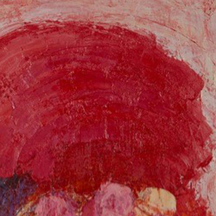 The artwork 'Rainbow Day' by Ayane Kurai features bold abstract brushstrokes in vibrant crimson and deep red hues, creating a dramatic circular sweep across the canvas. Subtle pink and purple undertones blend with textured oil paint, suggesting movement and energy. The expressive brushwork and rich color palette create a powerful emotional impact in this 36x36 inch oil painting by Ayane Kurai.