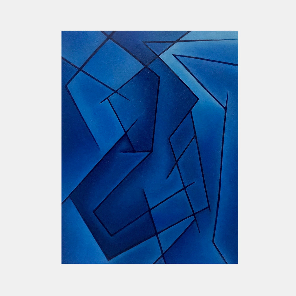 The artwork 'Ratcheted Rumination' by Joe Piscopia features bold geometric abstraction in deep cobalt blue tones. Sharp angular lines intersect to create fragmented shapes and dramatic shadows, suggesting depth and movement. The oil painting on arches paper demonstrates precise brushwork and a minimalist modern aesthetic with varying gradients of blue.