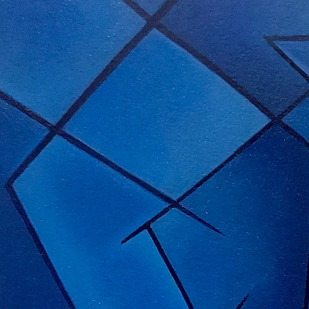 The artwork 'Ratcheted Rumination' by Joe Piscopia features abstract geometric shapes against a deep cobalt blue background. Sharp black lines intersect to create angular fragments, reminiscent of shattered glass. The oil painting on arches paper demonstrates a striking contrast between smooth blue surfaces and precise linear elements.