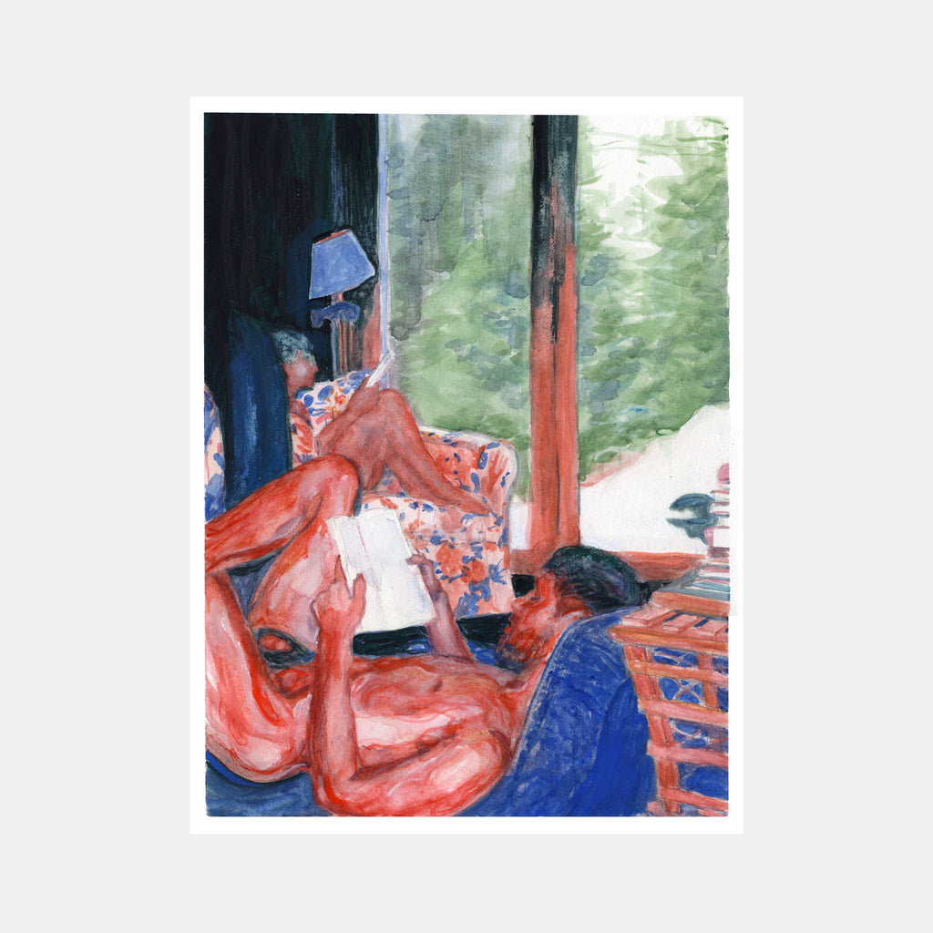 The artwork 'Reading' by Amelia Galgon features a serene scene painted in gouache and watercolor, depicting a figure in a coral-colored garment reclining against deep blue cushions near a window. Soft green foliage visible through the window creates a peaceful backdrop. The loose, expressive brushstrokes and vibrant color palette create a dream-like atmosphere.