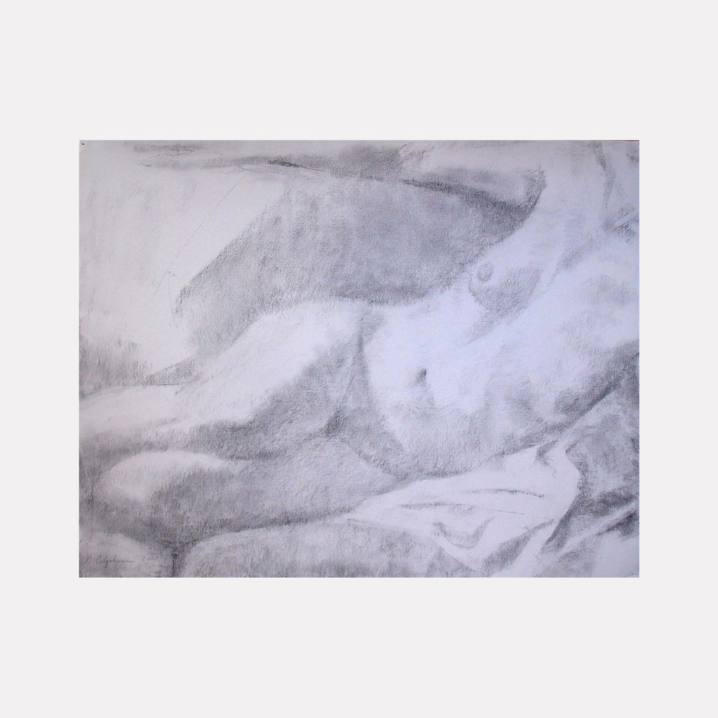 The artwork 'Reclining F. Torso & Legs' by Peter Colquhoun features a minimalist charcoal study on paper, depicting abstract anatomical forms in smooth, flowing lines. The composition displays varying shades of gray with subtle gradients and ethereal textures, capturing the natural curves and contours of the subject through masterful charcoal techniques.