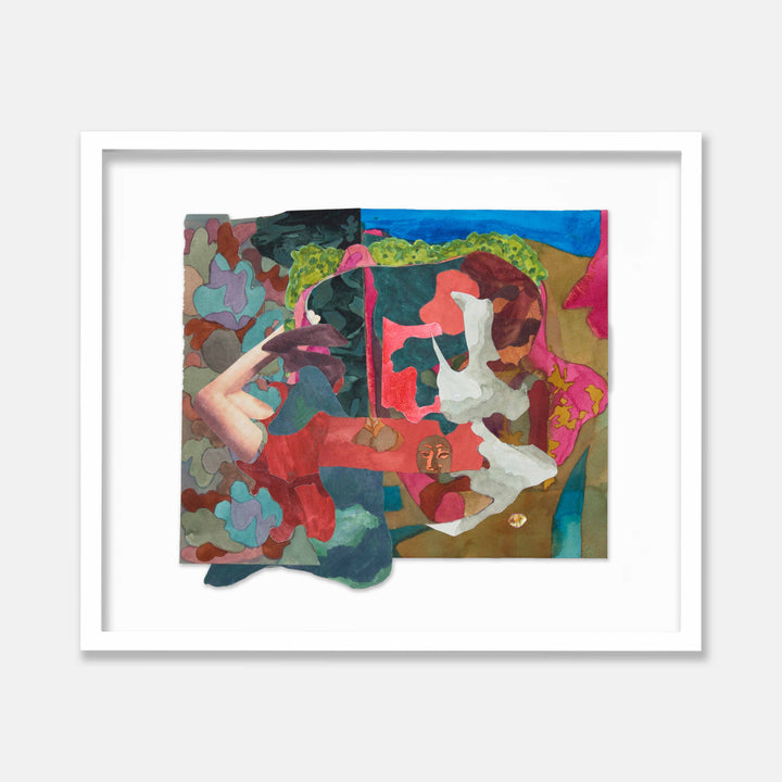 The artwork 'Red Gate' by Winnie Sidharta features an abstract watercolor composition with vibrant red, blue, and green organic shapes. White flowing forms create dynamic movement against a complex background of earthy tones and deep teals. The painting showcases fluid brushwork and layered transparency, framed in crisp white, measuring 18 inches by 9 inches.