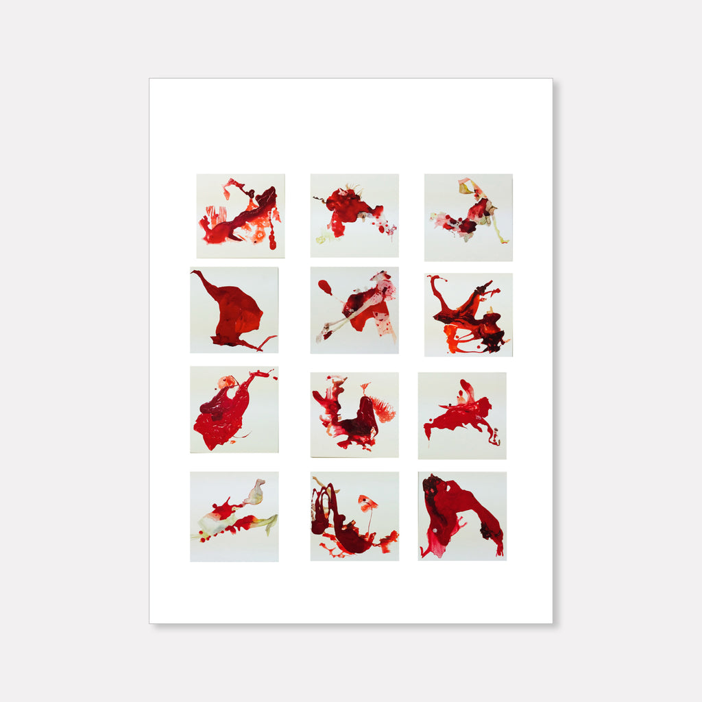 The artwork 'Red Grid' by Linda Lee Nicholas features twelve abstract compositions arranged in a grid pattern. Each cell displays dynamic splashes and forms in vibrant red hues against light backgrounds. The fluid, organic shapes suggest movement and energy, created with acrylic on clayboard. The composition combines bold crimson gestures with subtle pink undertones, creating a harmonious visual rhythm. By Linda Lee Nicholas.