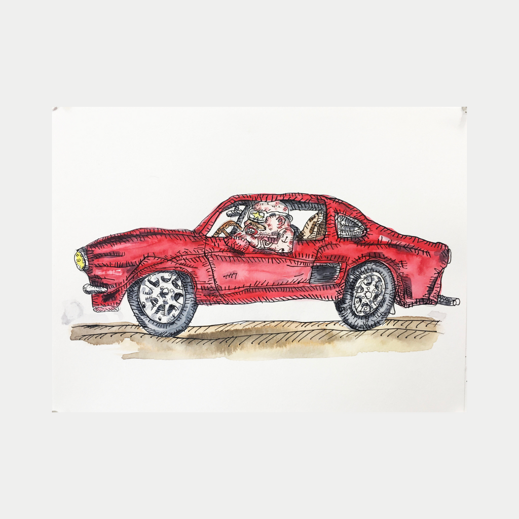 The artwork 'Red Mustang' by Andrew Chan features a dynamic ink and watercolor illustration of a classic red Mustang car rendered in a sketch-like style. The vintage automobile is depicted in profile view with detailed chrome wheels, distinctive muscle car body lines, and subtle shading on a simple ground plane. The 9x12 inch piece combines precise linework with loose watercolor techniques.