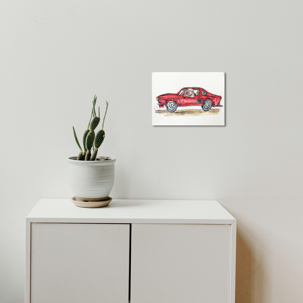 The artwork 'Red Mustang' by Andrew Chan depicts a classic Ford Mustang rendered in vibrant watercolor and ink. The sports car illustration features bold red tones, dynamic brushstrokes, and precise linework capturing the iconic silhouette and chrome details. A white background enhances the car's striking profile, showcasing the signature muscle car design. 9x12 inches watercolor and ink artwork by Andrew Chan.