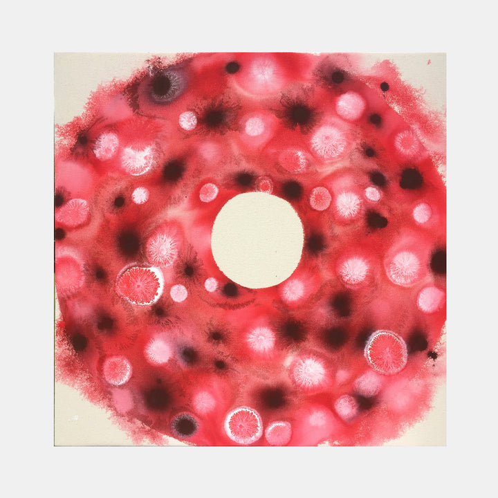 The artwork 'Red Pi' by Eric Jiaju Lee features a vibrant circular composition with a cream-colored center surrounded by dynamic red acrylic paint. The piece showcases scattered white orbs and dark spots creating a cosmic, cellular pattern. The 24x24 inch canvas displays a mesmerizing blend of light and shadow, with textured paint application radiating from the central void.