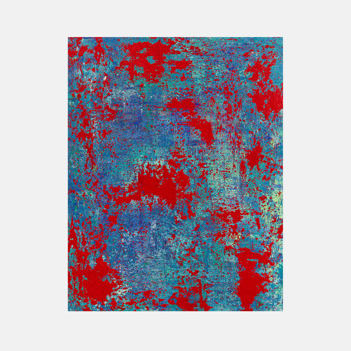 The artwork 'Red Splash' by Jacqueline Ferrante features vibrant crimson splatters against a textured turquoise and cobalt blue background. Abstract expressionist acrylic painting on Dura-Lar showcases dynamic paint application with splattered patterns creating depth and movement across the 14x11 inch surface. Created by Jacqueline Ferrante.