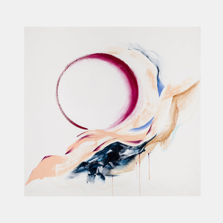 The artwork 'Red Sun' by W Lu features a striking crimson circular form floating above fluid strokes of peach and navy blue. Abstract brushstrokes create a dynamic movement across the white canvas, with watercolor-like drips and ethereal blending of acrylics. The composition suggests a contemporary Asian-inspired minimalist aesthetic.