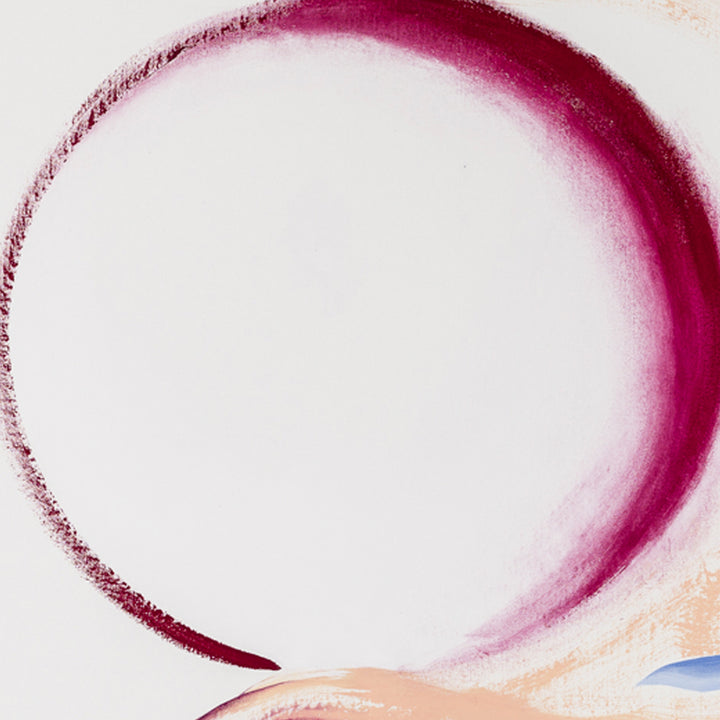 The artwork 'Red Sun' by W Lu features a bold crimson circular form against a white background, creating a striking minimalist composition. The brushwork shows a gradient effect from deep burgundy to soft pink, with subtle peach tones at the bottom. The acrylic paint application creates a smooth, ethereal finish on canvas. By W Lu.