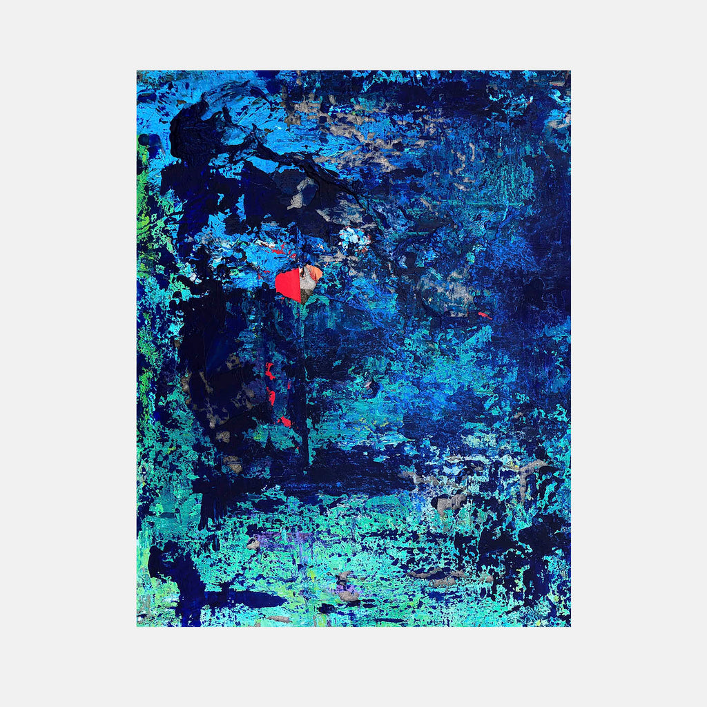 The artwork 'Red Tape' by Jacqueline Ferrante features a vibrant abstract composition dominated by deep ocean blues and turquoise hues, with a striking small red accent. The acrylic painting on Dura-Lar showcases textured, layered brushstrokes creating a dynamic underwater-like atmosphere, with emerald green elements along the edges and dramatic depth achieved through varying paint densities.
