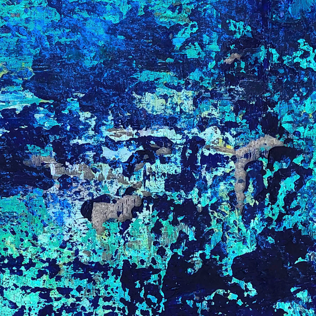 The artwork 'Red Tape' by Jacqueline Ferrante features an abstract composition dominated by vibrant turquoise and deep navy blues. The acrylic painting on Dura-Lar showcases a textured, marbled effect with splattered patterns resembling an aerial view of ocean depths. Dynamic contrasts between light and dark create a sense of depth and movement across the 14x11 inch surface. By Jacqueline Ferrante.