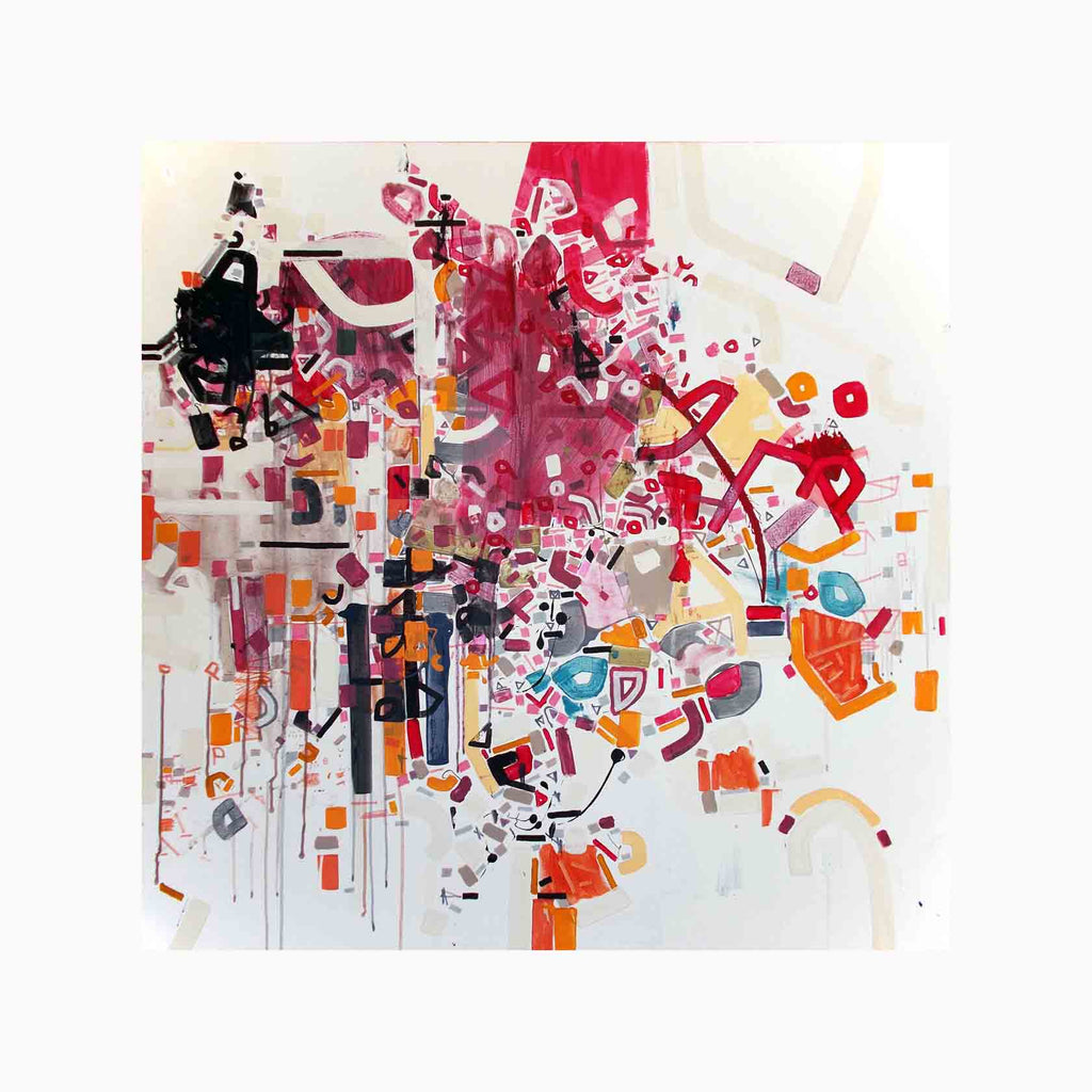 The artwork 'Red Theo Butter' by Philippe Halaburda features an explosive abstract composition with dynamic geometric shapes in vibrant red, black, and orange tones. Angular forms and linear elements create a sense of movement across the canvas, while delicate pencil marks and acrylic paint strokes blend harmoniously in a contemporary mixed-media style. Art by Philippe Halaburda.