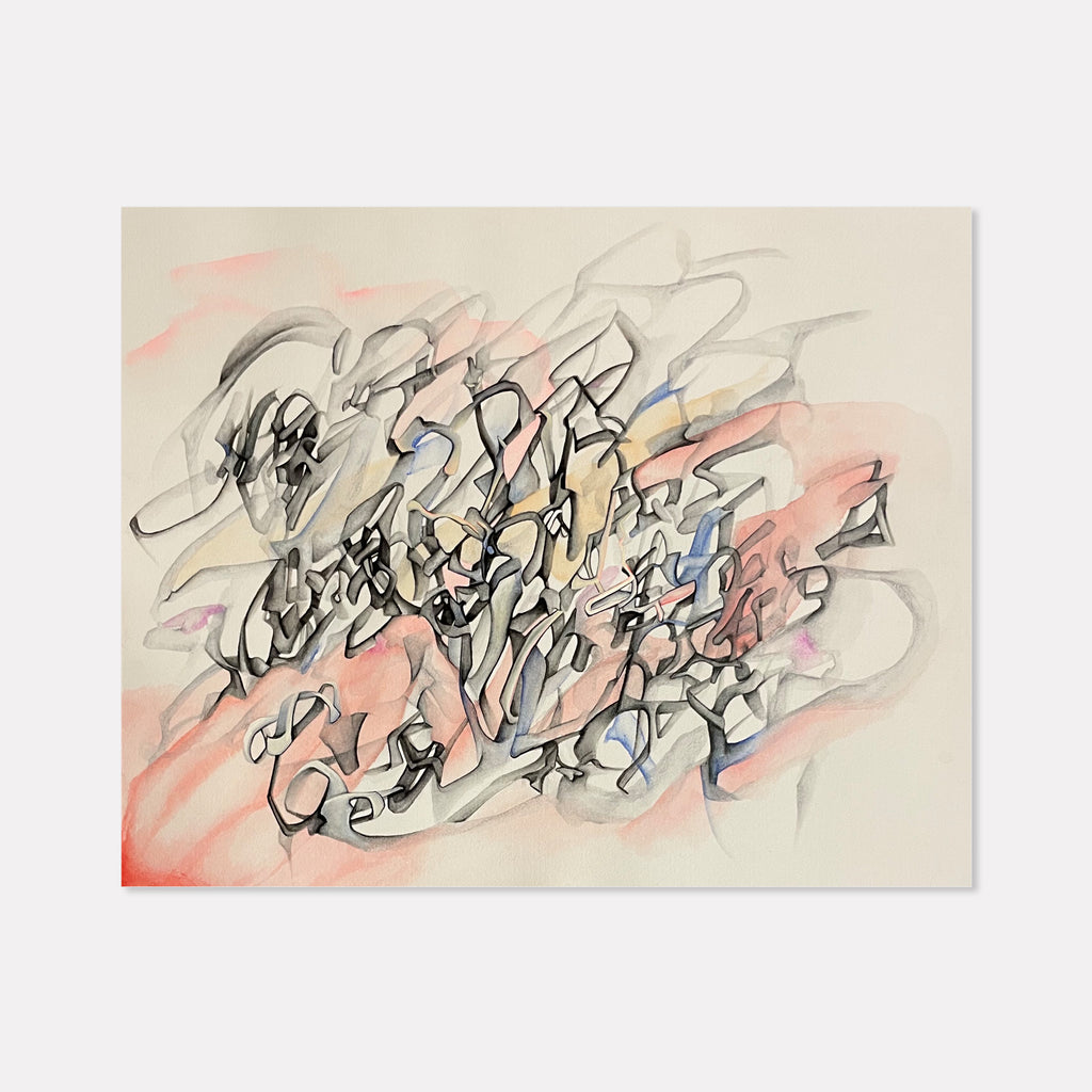 The artwork 'Red Wash' by Megan Olson features dynamic abstract expressionist brushstrokes in watercolor and gouache, with fluid black calligraphic lines dancing across cream paper. Soft coral and pale blue washes blend organically, creating a delicate atmospheric effect beneath bold gestural marks. 16x20 inches watercolor and gouache on paper by Megan Olson.