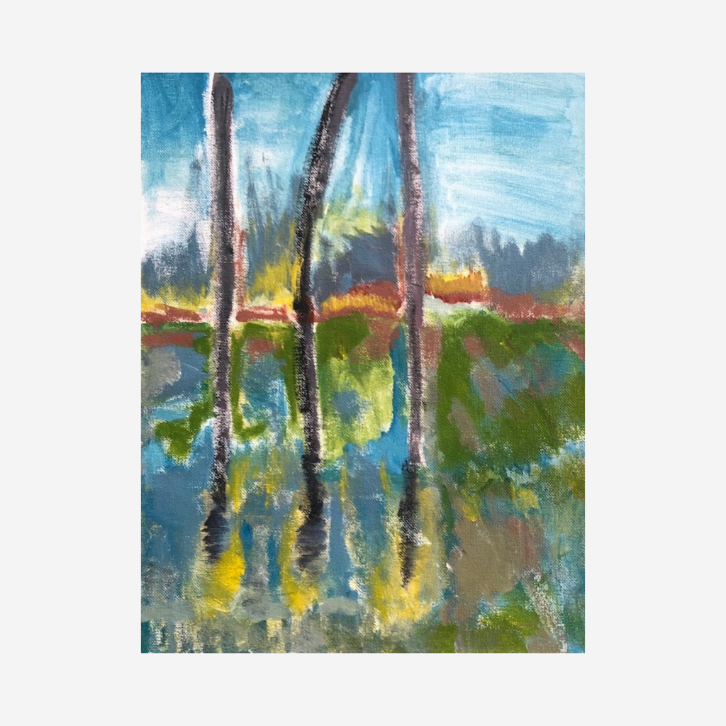 The artwork 'Reflection' features three vertical tree trunks mirrored in still water, painted in expressive brushstrokes of brown against a vibrant turquoise sky. The landscape includes touches of yellow and green foliage, creating a serene lakeside scene with perfect symmetry between reality and reflection. Acrylic on canvas by Beth Barry.