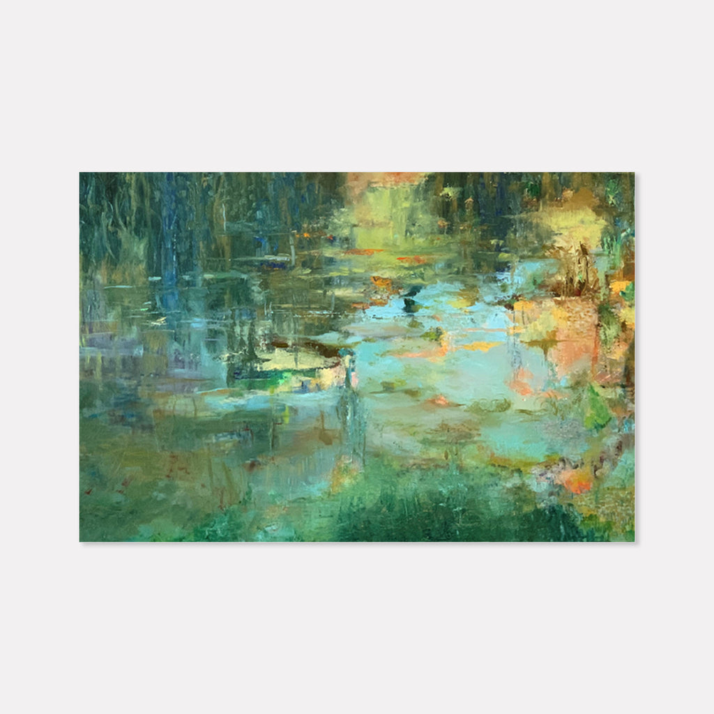 The artwork 'Reflection II' by Rita BasuMallick features an abstract landscape rendered in oil, displaying a serene water scene with deep emerald greens blending into ethereal turquoise blues. Warm golden highlights emerge through layers of paint, creating a dreamlike impression of light dancing on water's surface, with textured brushstrokes adding depth and movement.